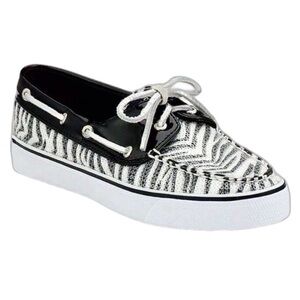 SPERRY Topsiders Black & White Zebra Animal Print Sequin Boat Shoes Size 9M